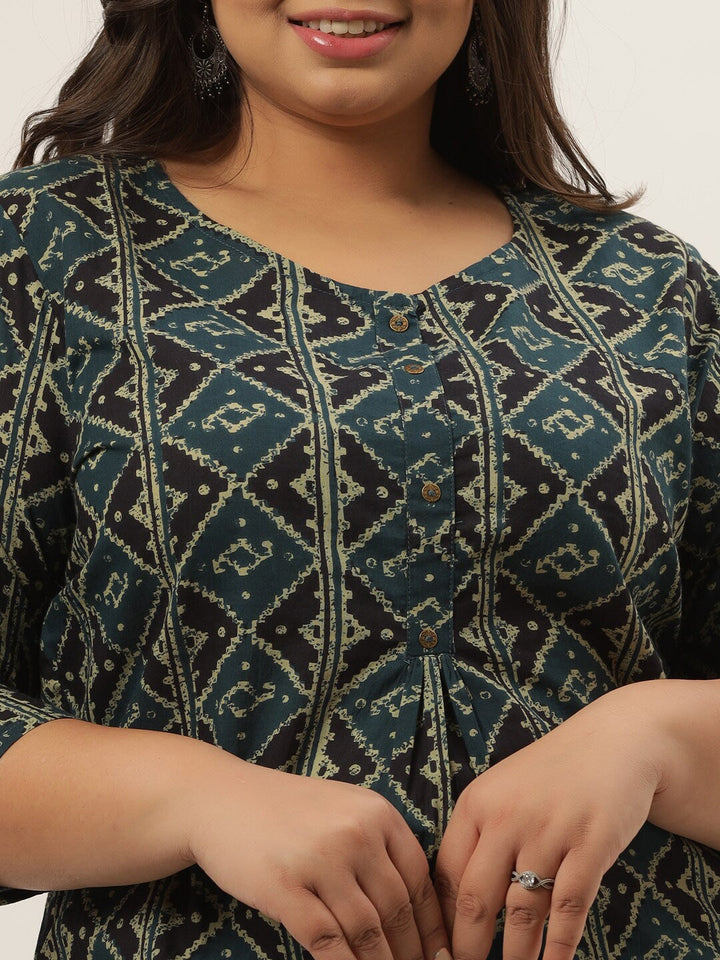 Plus Size Teal Printed Kurta Set-Yufta Store-9206SETBL3XL