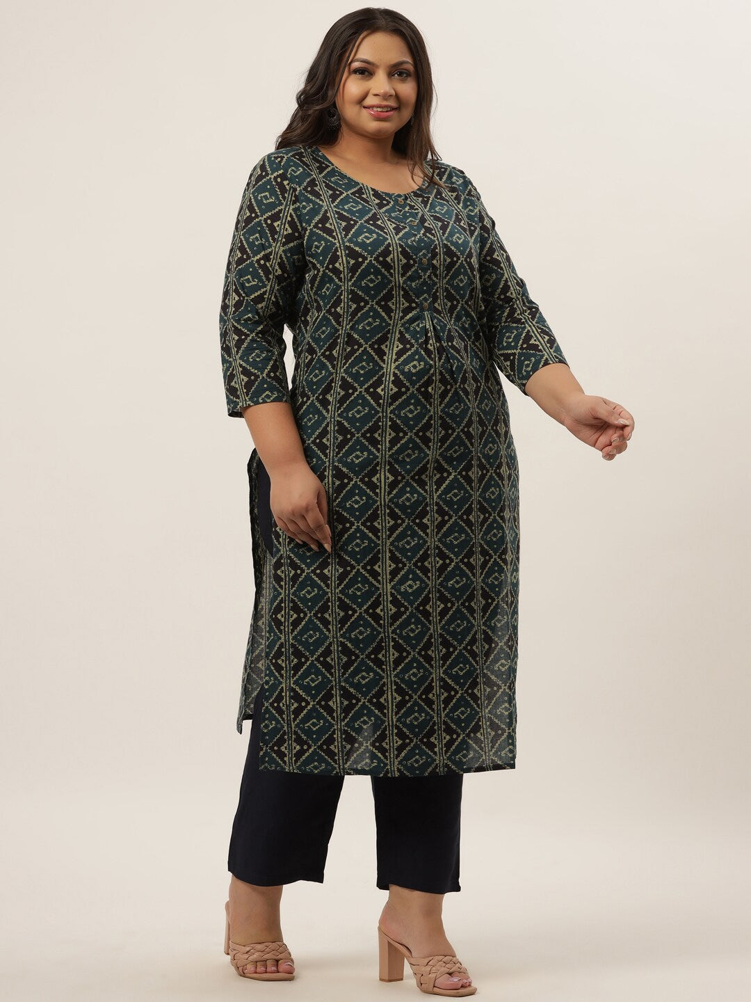 Plus Size Teal Printed Kurta Set-Yufta Store-9206SETBL3XL