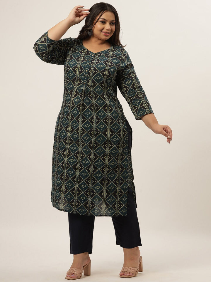 Plus Size Teal Printed Kurta Set-Yufta Store-9206SETBL3XL