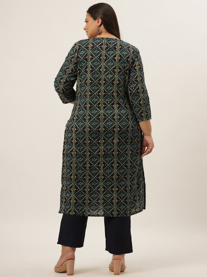 Plus Size Teal Printed Kurta Set-Yufta Store-9206SETBL3XL