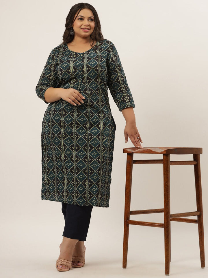 Plus Size Teal Printed Kurta Set-Yufta Store-9206SETBL3XL