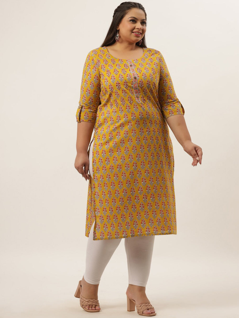 Plus Size Yellow Printed Kurta-Yufta Store-4736KURPYL3XL