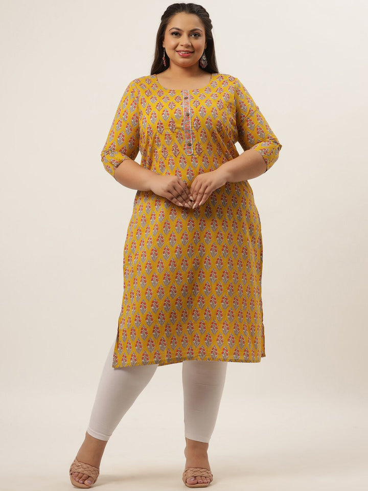 Plus Size Yellow Printed Kurta-Yufta Store-4736KURPYL3XL