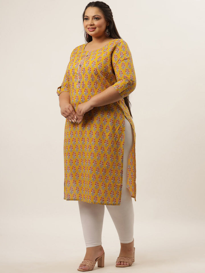 Plus Size Yellow Printed Kurta-Yufta Store-4736KURPYL3XL