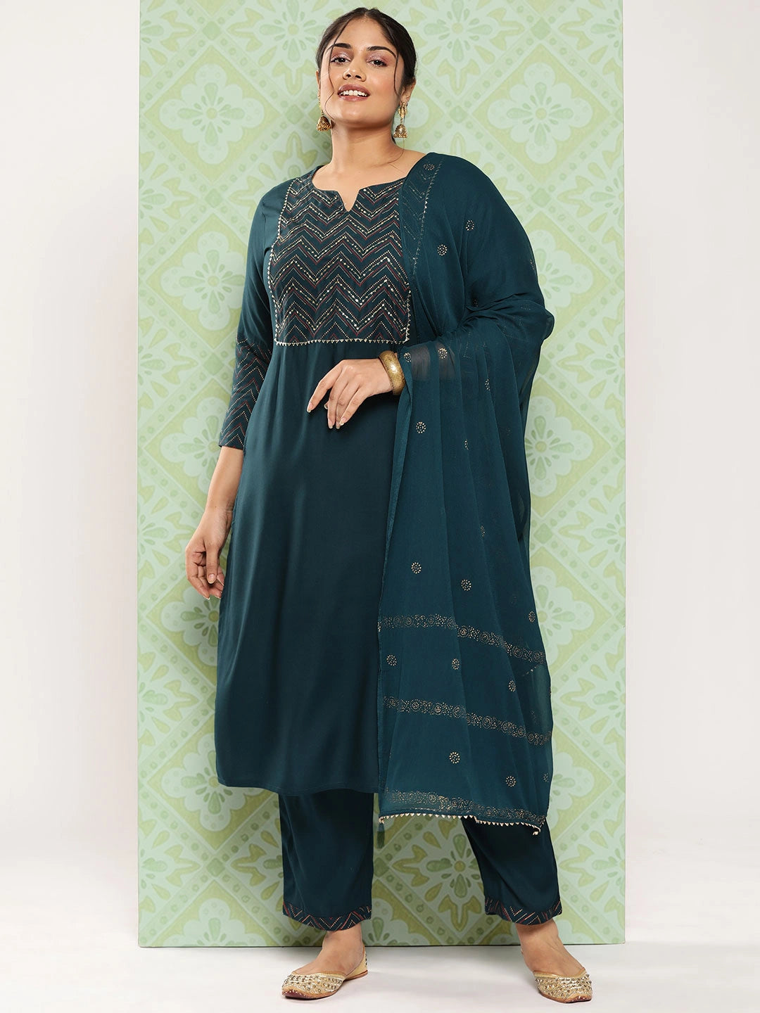 Plus Size Yoke Design Regular Sequined Kurta with Trousers & Dupatta-Yufta Store-3933PSKDGR3XL