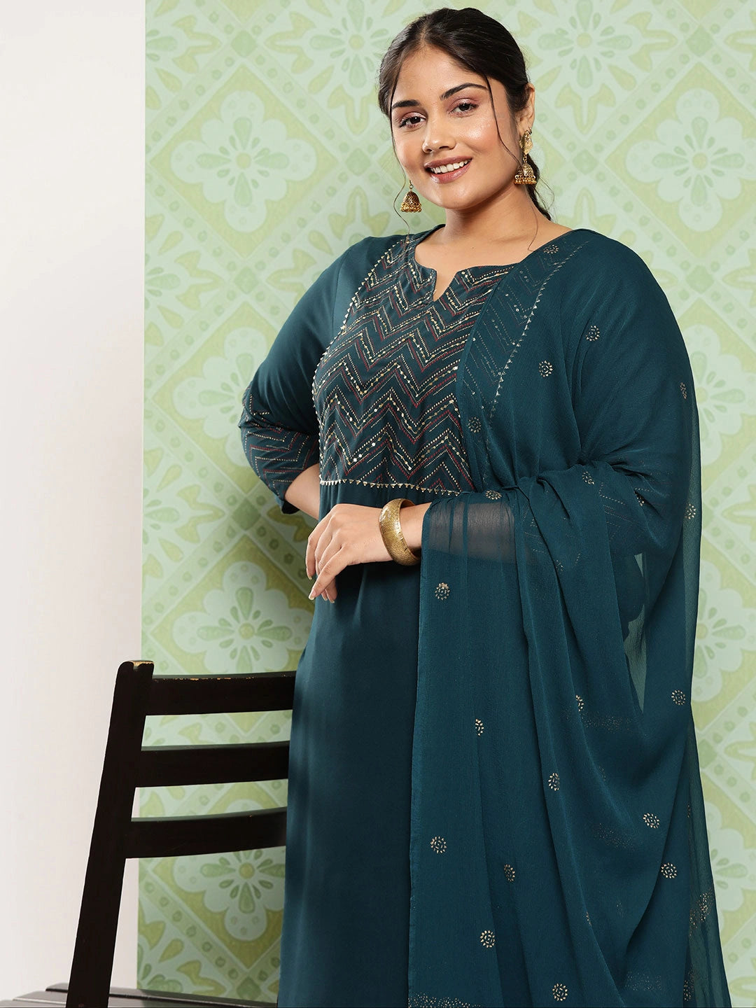 Plus Size Yoke Design Regular Sequined Kurta with Trousers & Dupatta-Yufta Store-3933PSKDGR3XL