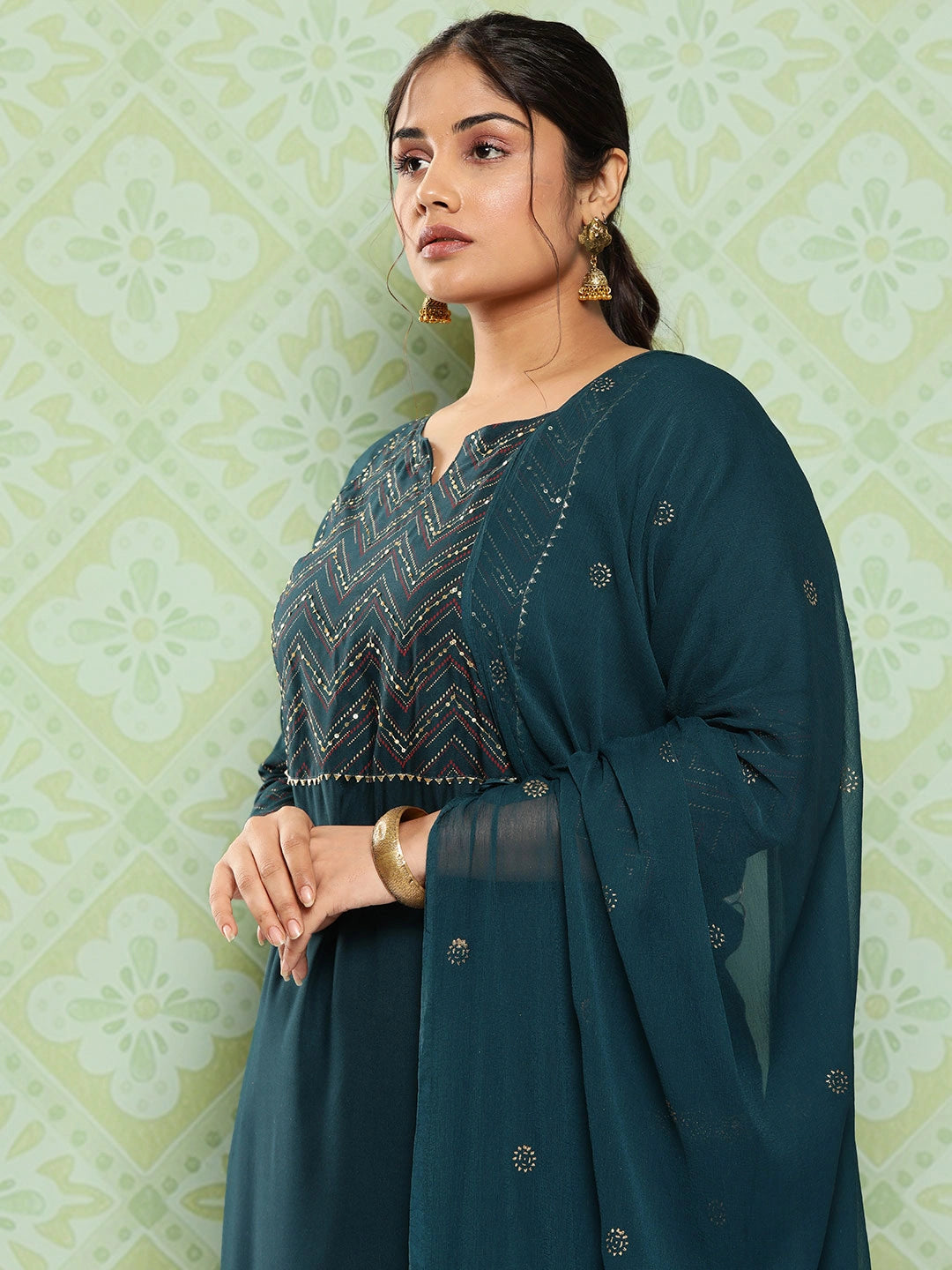 Plus Size Yoke Design Regular Sequined Kurta with Trousers & Dupatta-Yufta Store-3933PSKDGR3XL