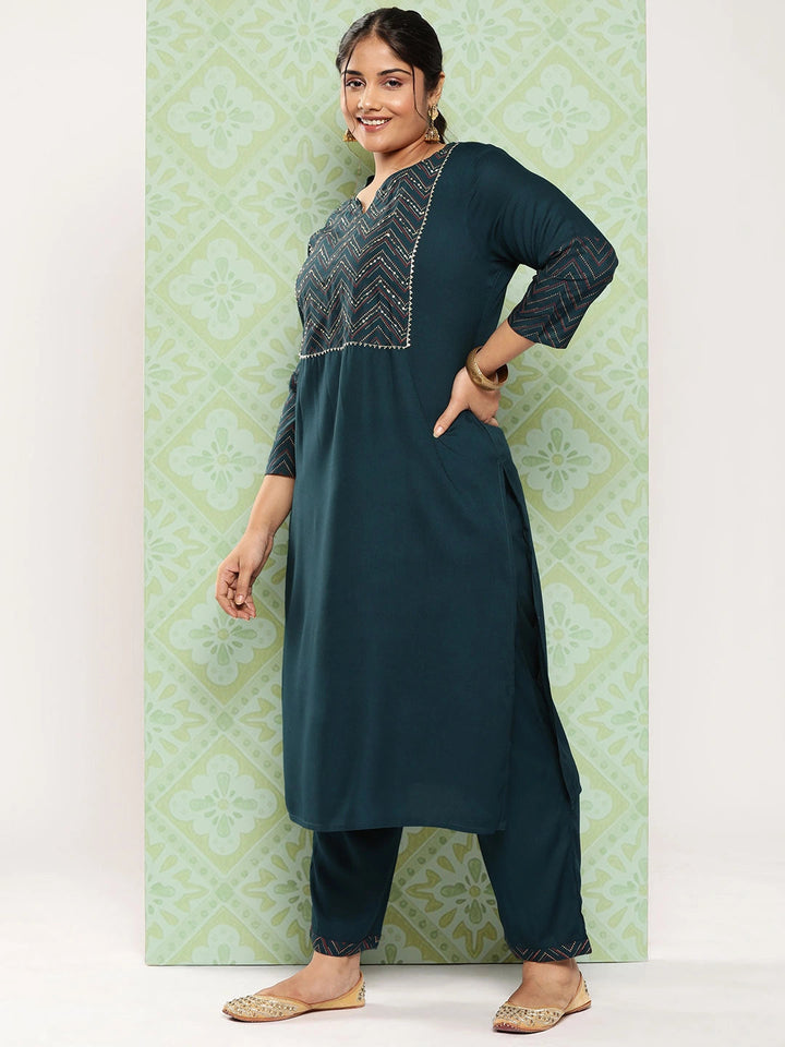 Plus Size Yoke Design Regular Sequined Kurta with Trousers & Dupatta-Yufta Store-3933PSKDGR3XL