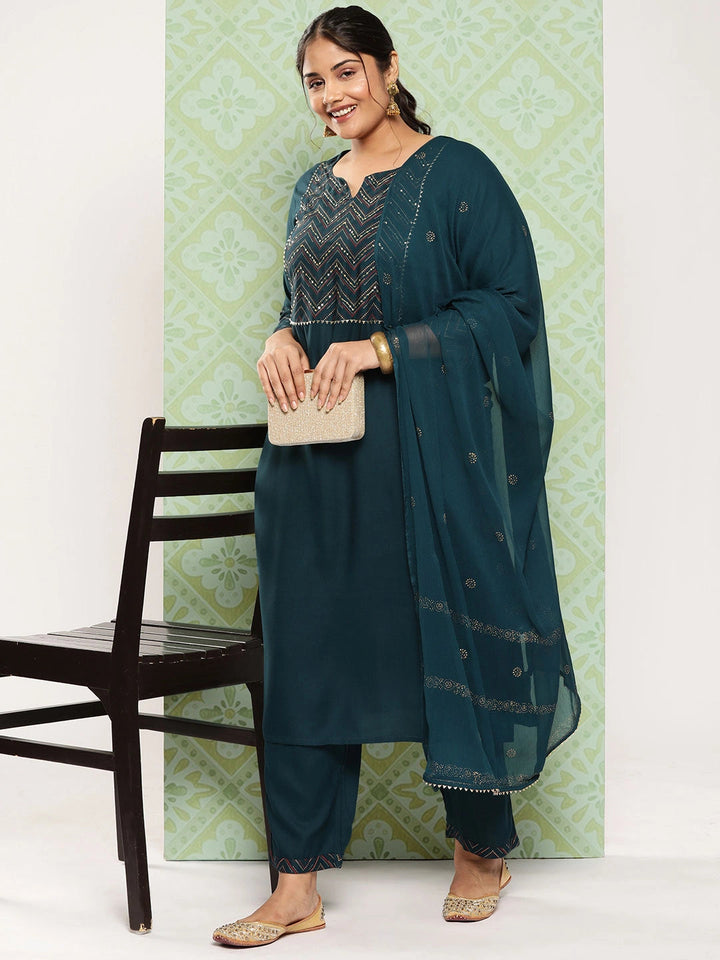 Plus Size Yoke Design Regular Sequined Kurta with Trousers & Dupatta-Yufta Store-3933PSKDGR3XL