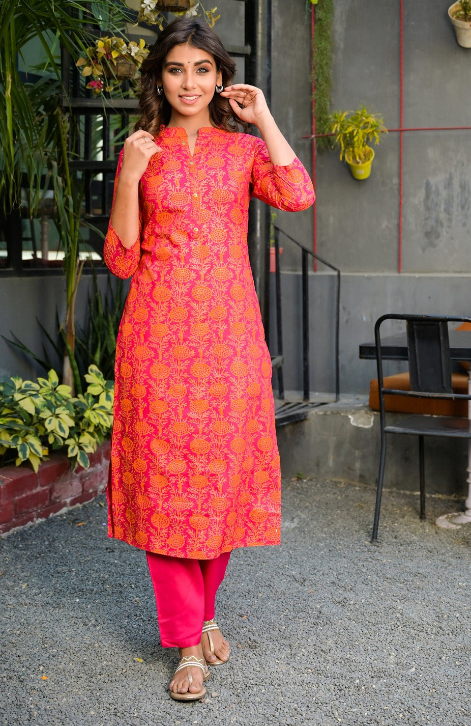 Prink and Orange Printed Kurta Set-Yufta Store-2002SETPKS