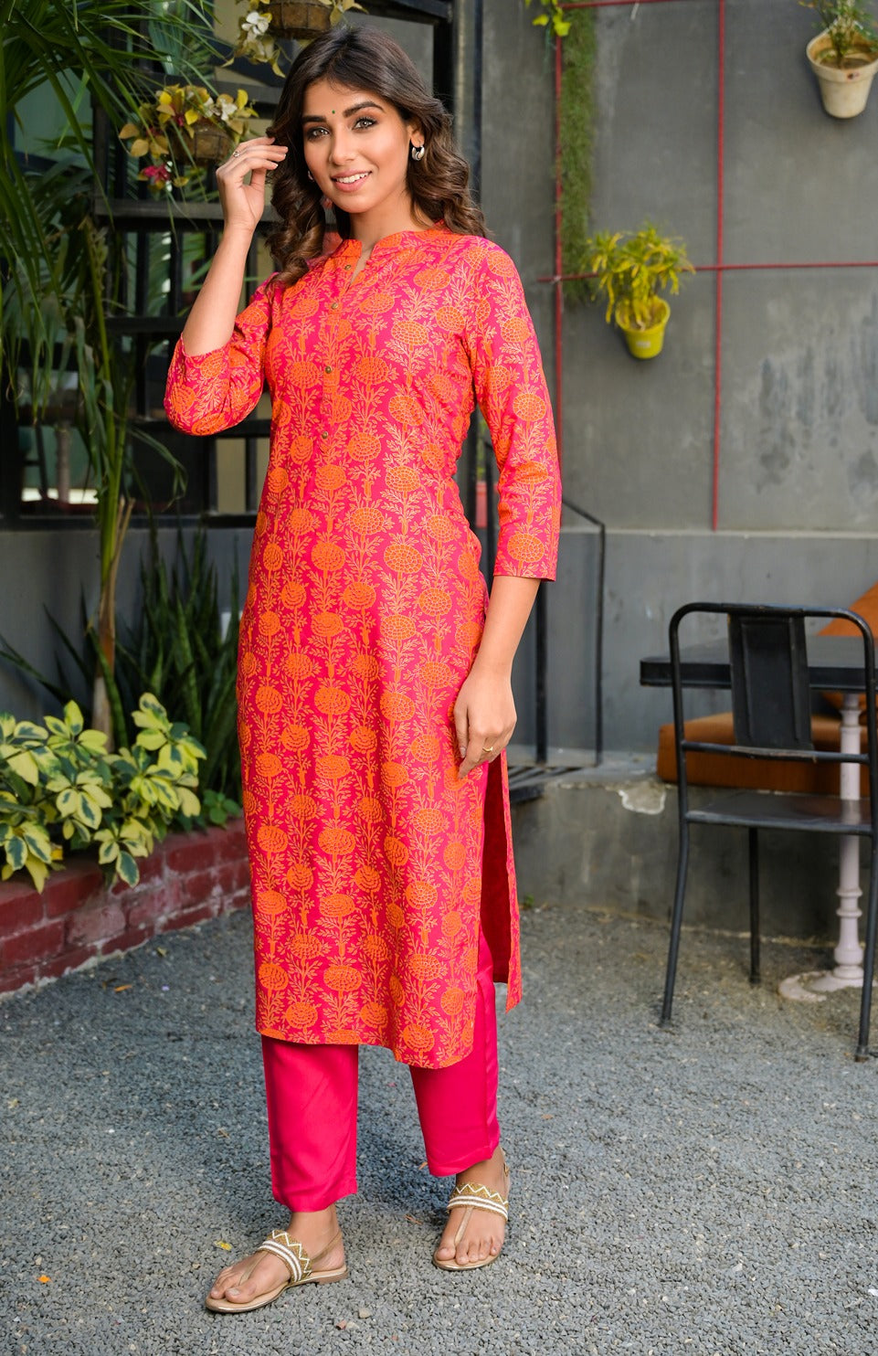 Prink and Orange Printed Kurta Set-Yufta Store-2002SETPKS