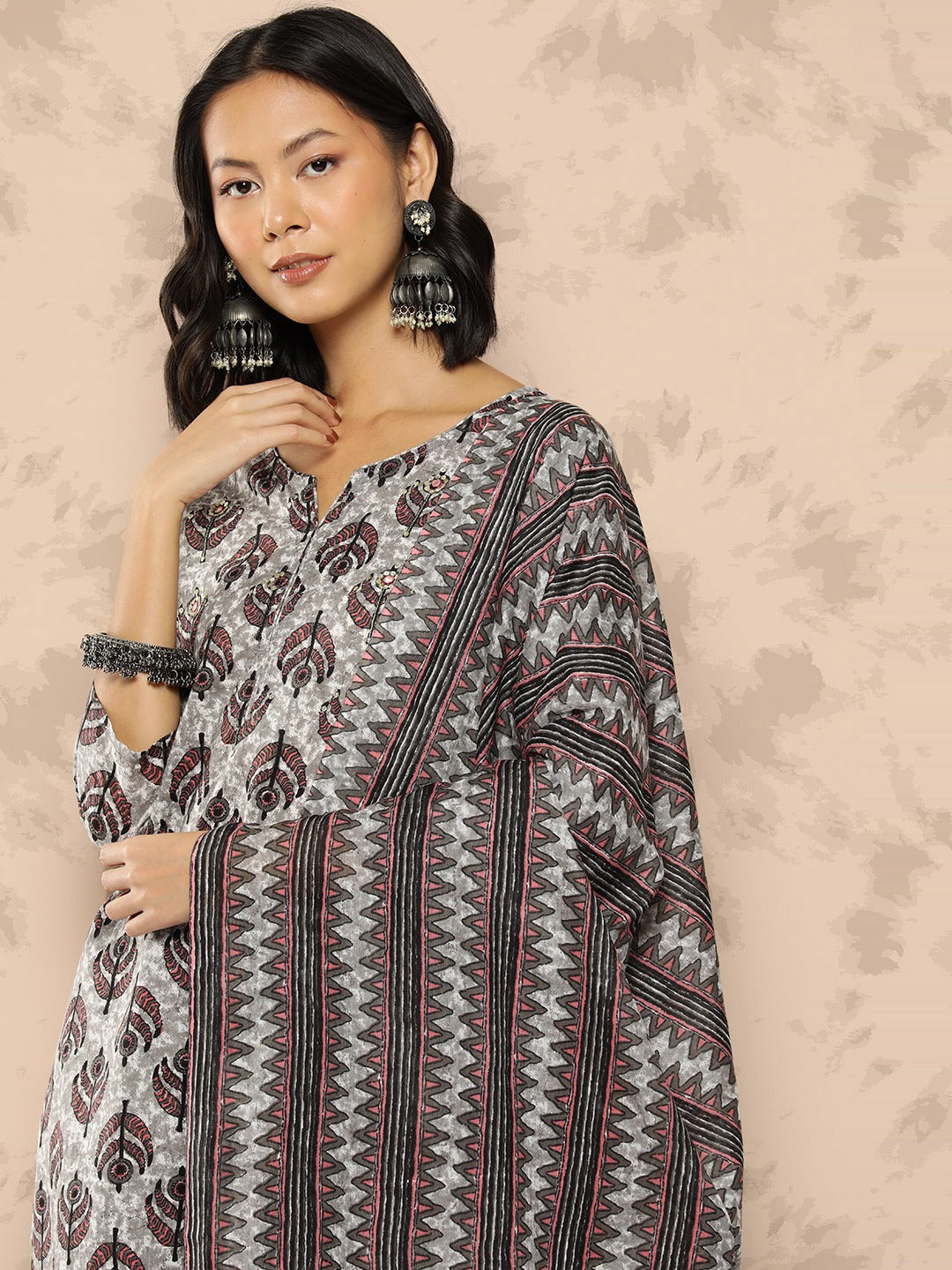 Printed Cotton Kurta Dupatta Set-Yufta Store-1133SKDGYS