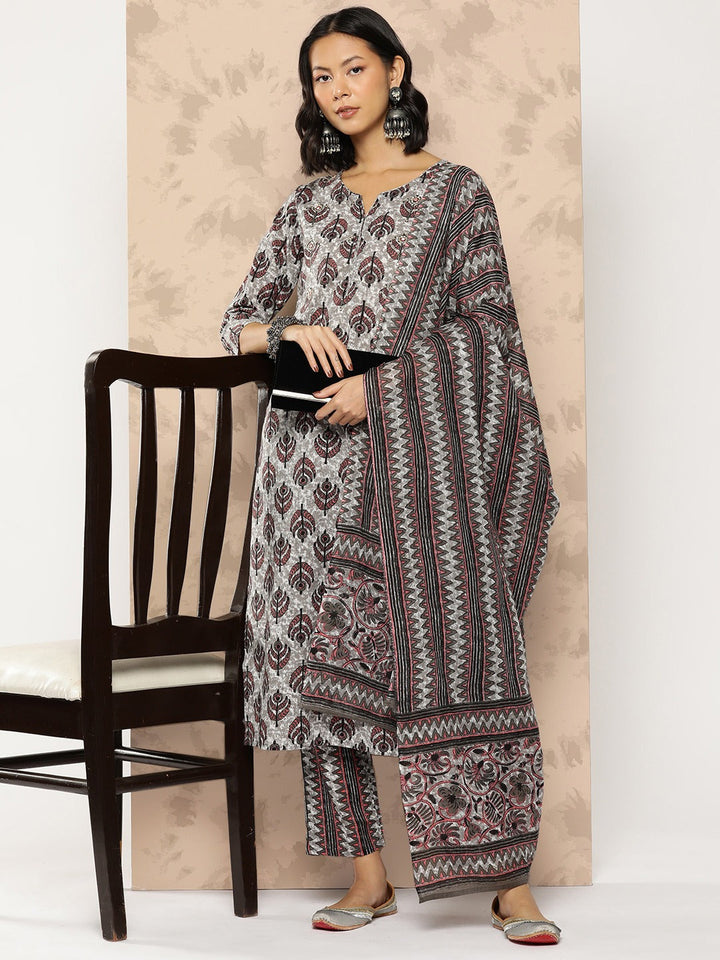 Printed Cotton Kurta Dupatta Set-Yufta Store-1133SKDGYS