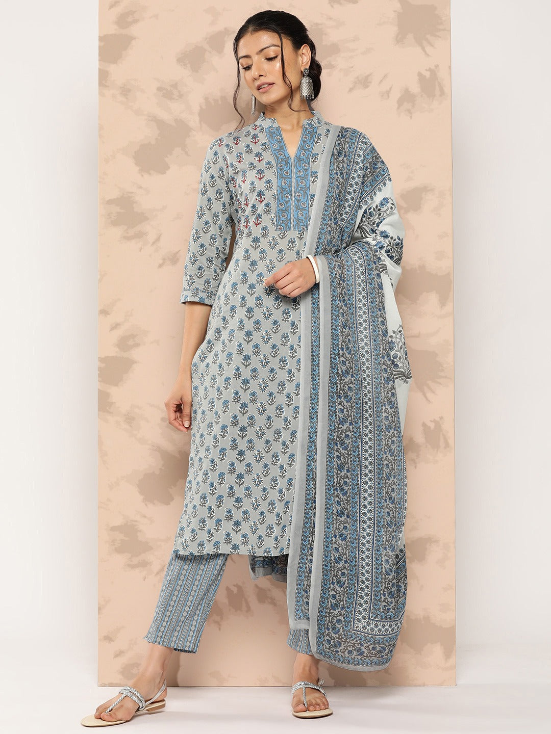 Printed Cotton Kurta Dupatta Set-Yufta Store-1242SKDGYS