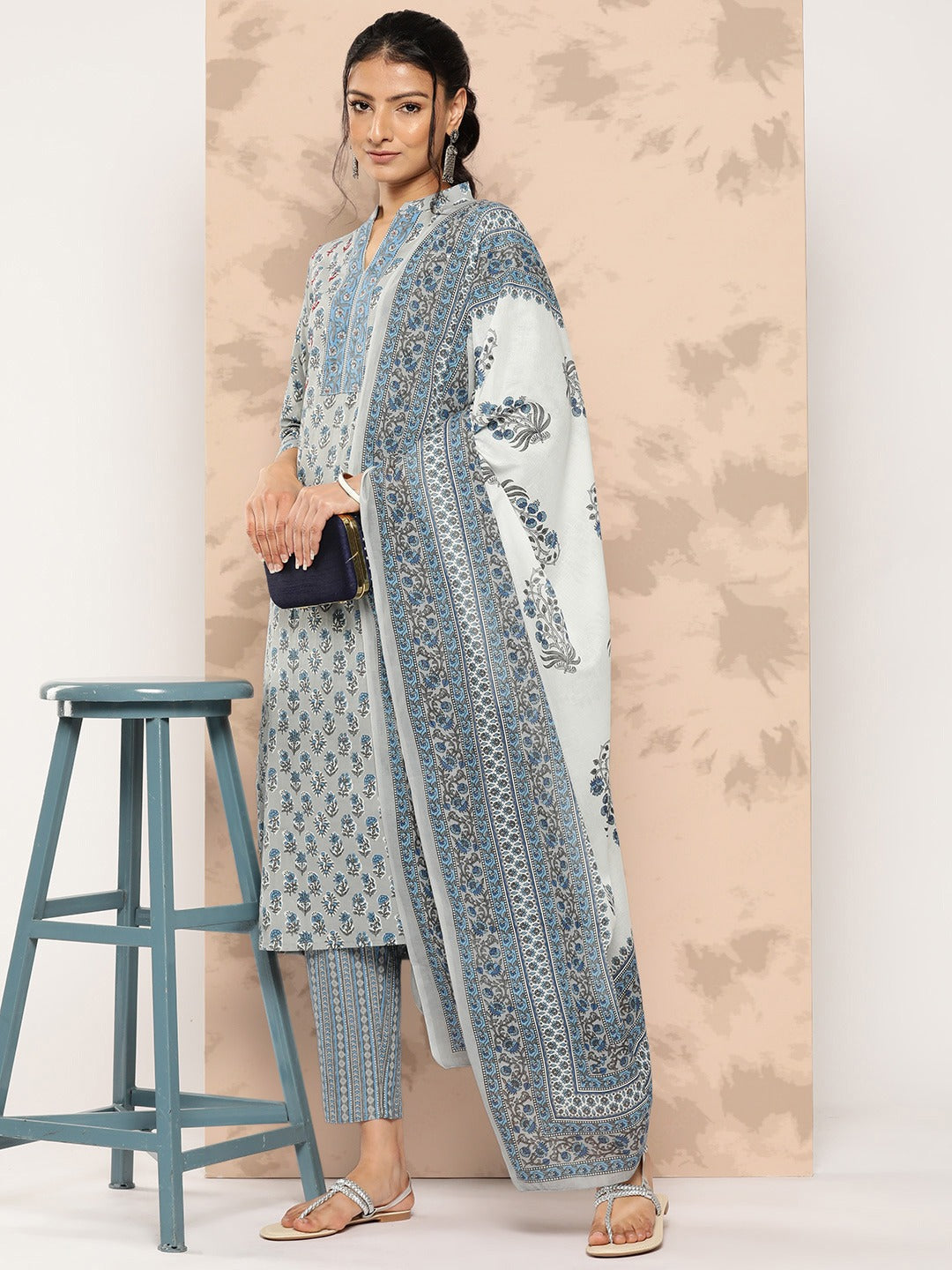 Printed Cotton Kurta Dupatta Set-Yufta Store-1242SKDGYS