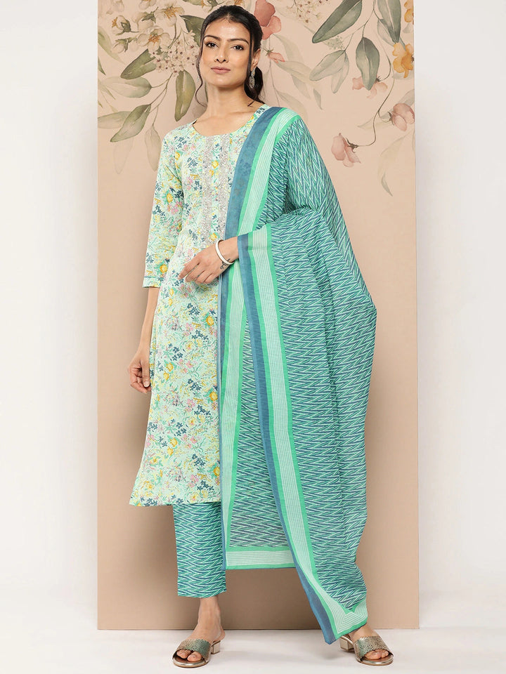 Printed Cotton Kurta Dupatta Set-Yufta Store-1245SKDBLS