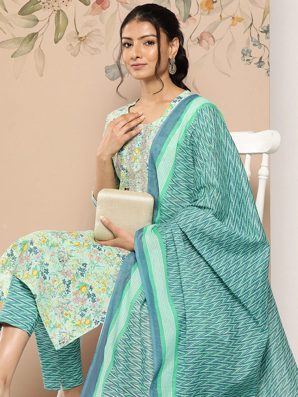 Printed Cotton Kurta Dupatta Set-Yufta Store-1245SKDBLS