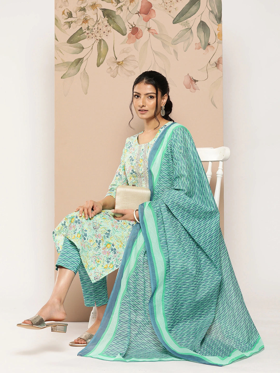 Printed Cotton Kurta Dupatta Set-Yufta Store-1245SKDBLS