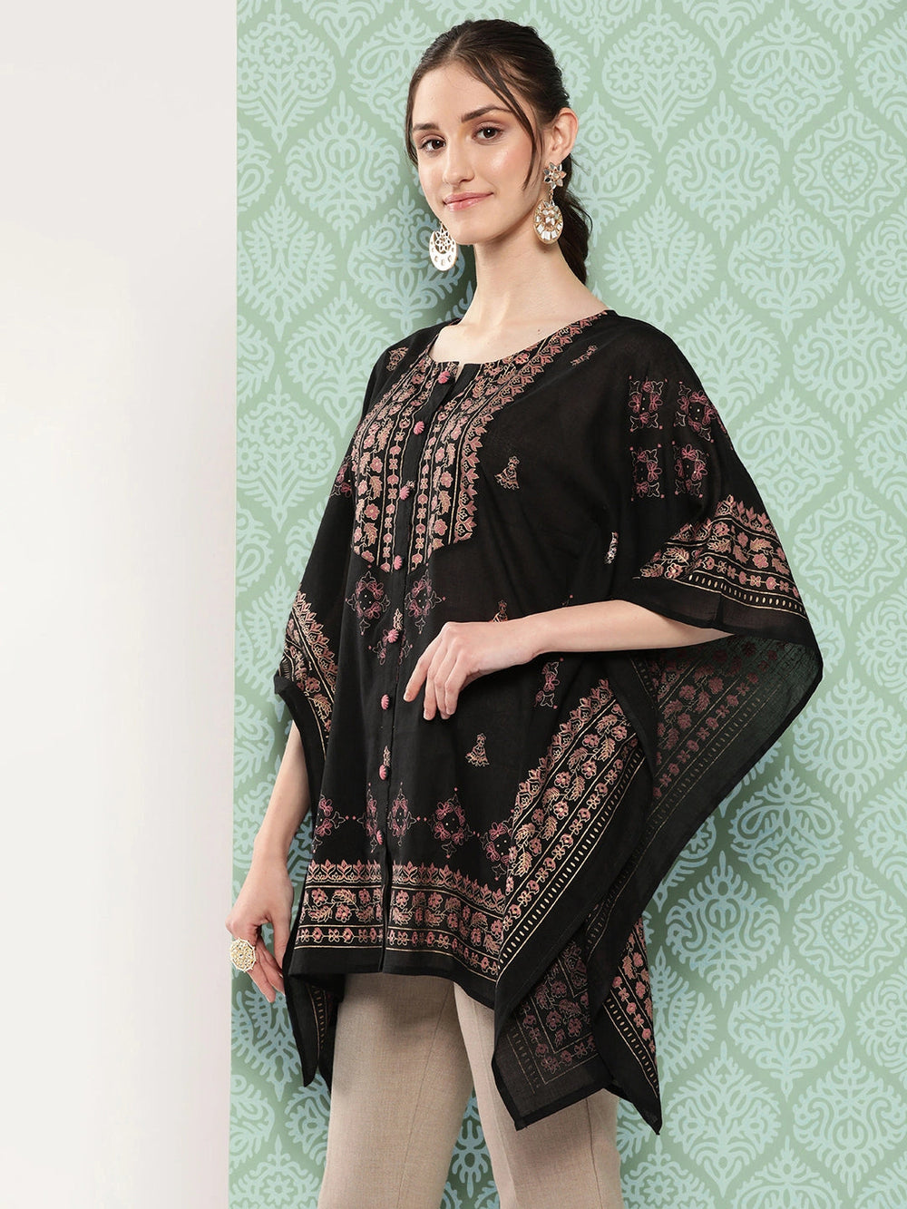 Printed Kimono Sleeve Ethnic Kaftan Top-Yufta Store-1397TOPBKS