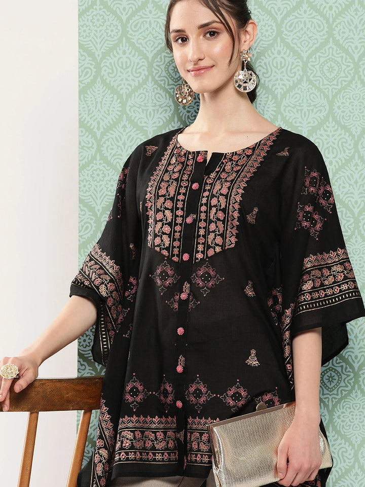 Printed Kimono Sleeve Ethnic Kaftan Top-Yufta Store-1397TOPBKS