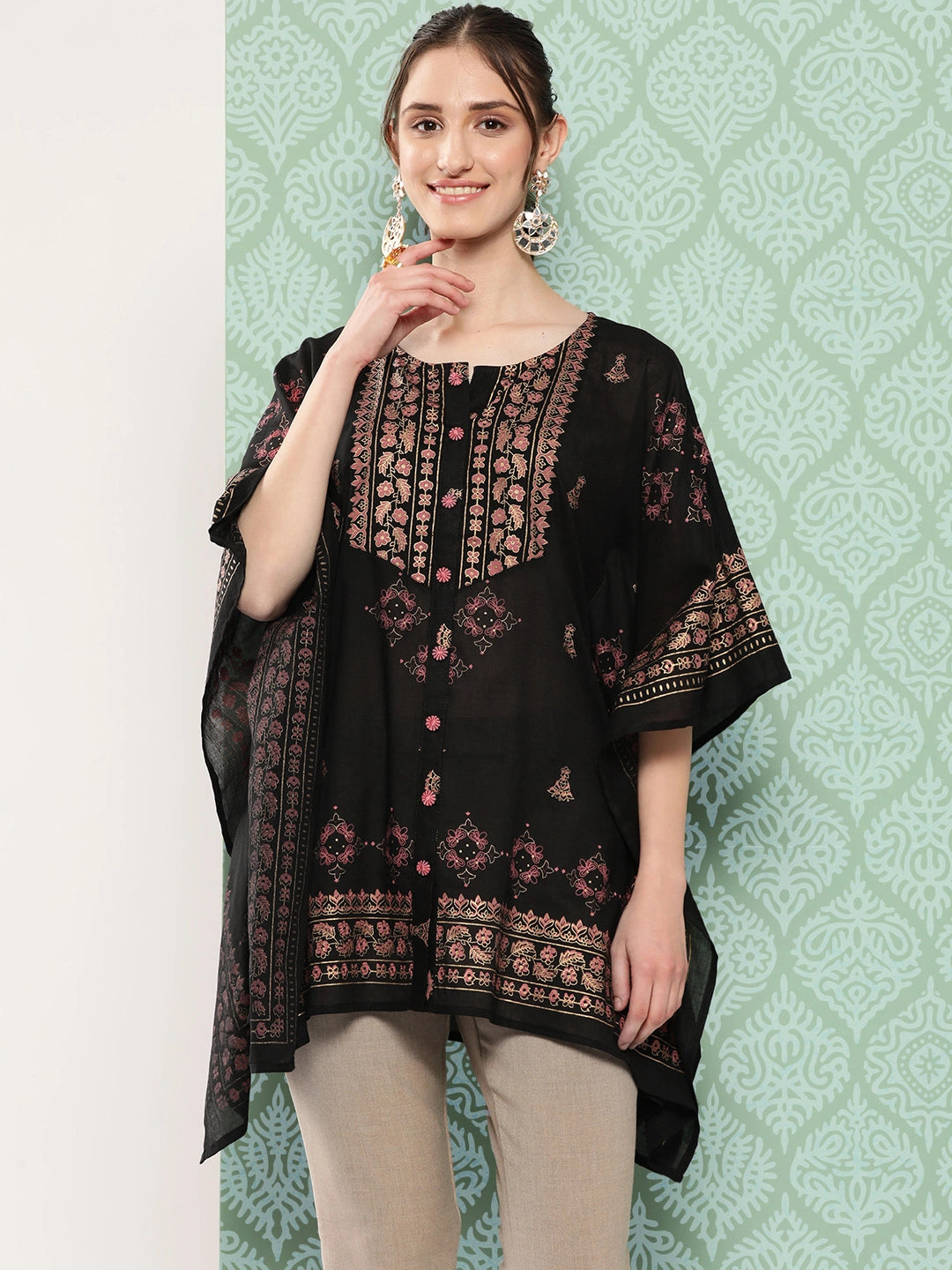 Printed Kimono Sleeve Ethnic Kaftan Top-Yufta Store-1397TOPBKS