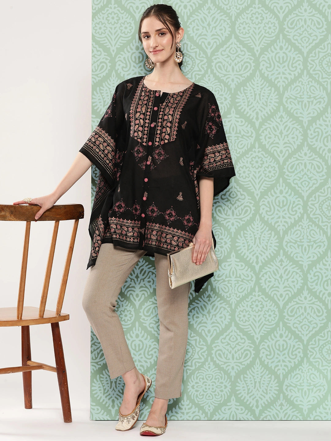 Printed Kimono Sleeve Ethnic Kaftan Top-Yufta Store-1397TOPBKS