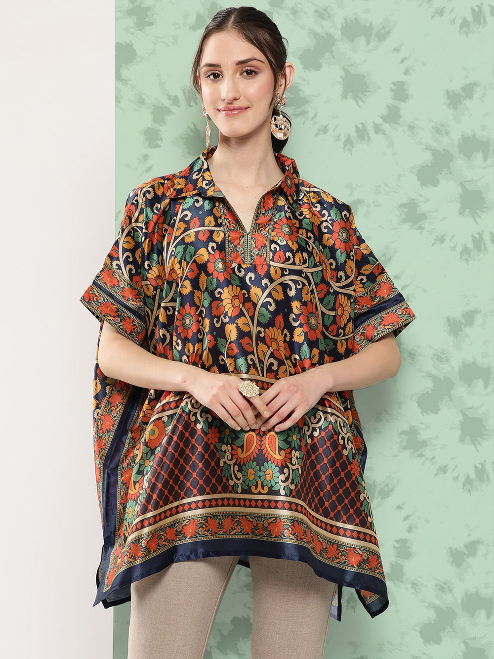 Printed Kimono Sleeve Kaftan Longline Top-Yufta Store-1398TOPBL