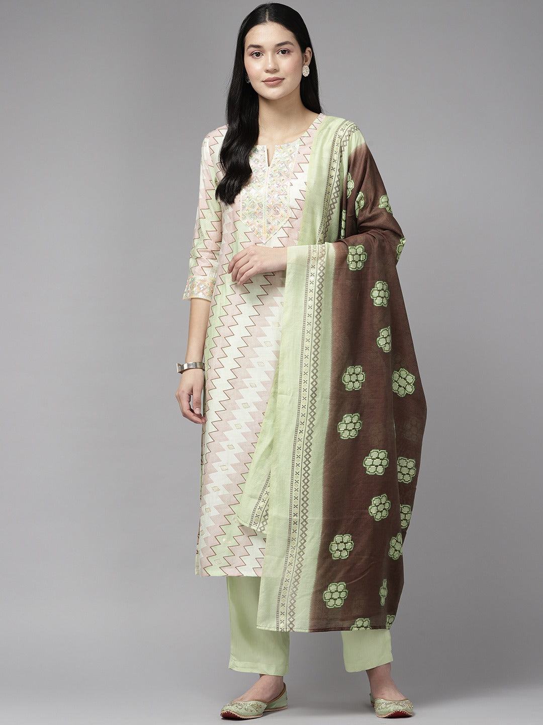 Printed Sequinned Dupatta Set-Yufta Store-9972SKDWHS