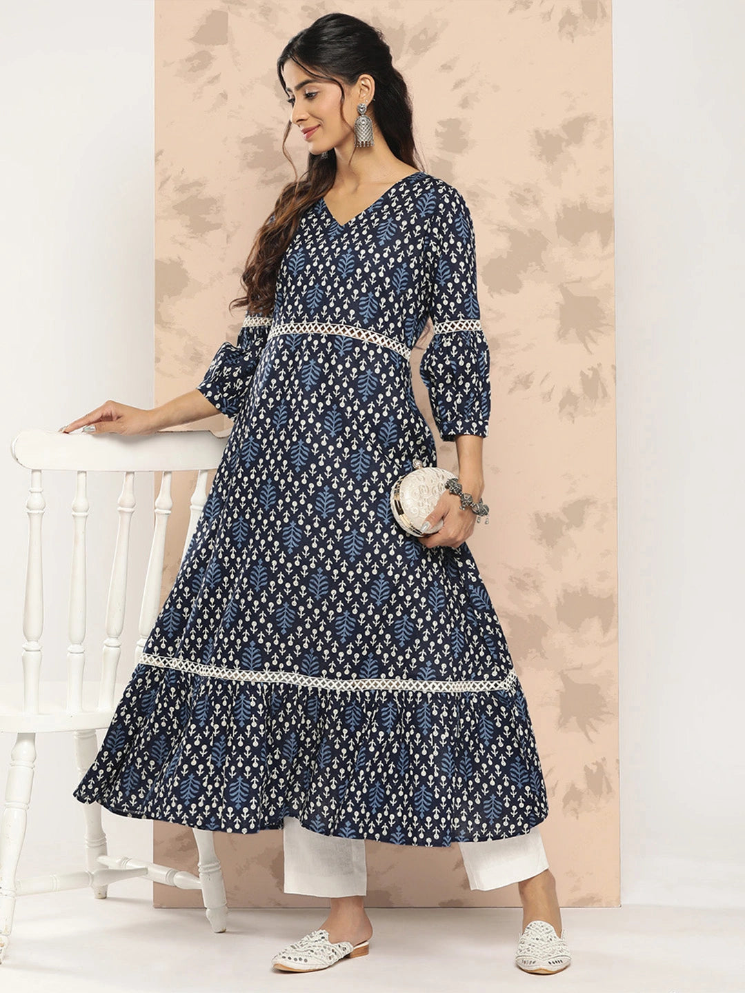 Pure Cotton Floral Midi Dress-Yufta Store-1202DRSBLS