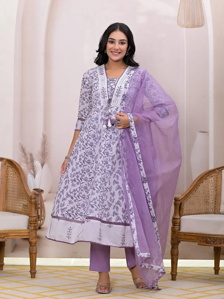 Purple And White Embroidered Cotton Anarkali Suit Set-Yufta Store-6804SKDPRS