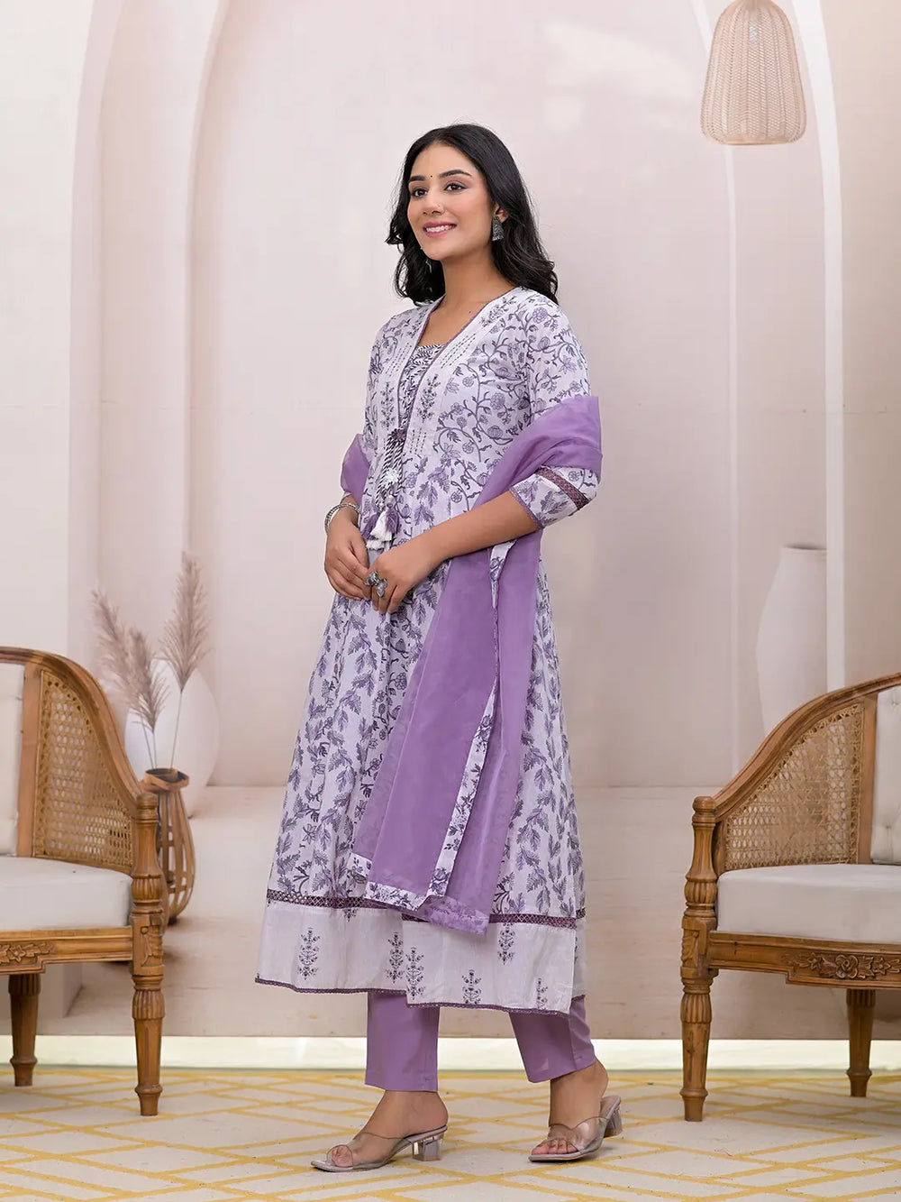 Purple And White Embroidered Cotton Anarkali Suit Set-Yufta Store-6804SKDPRS