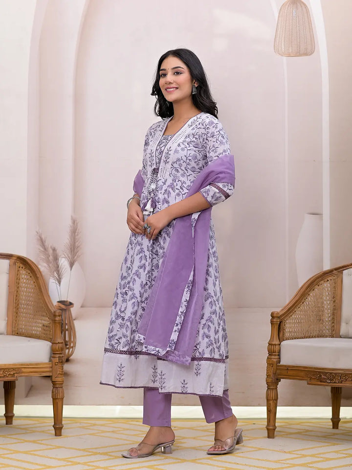 Purple And White Embroidered Cotton Anarkali Suit Set-Yufta Store-6804SKDPRS