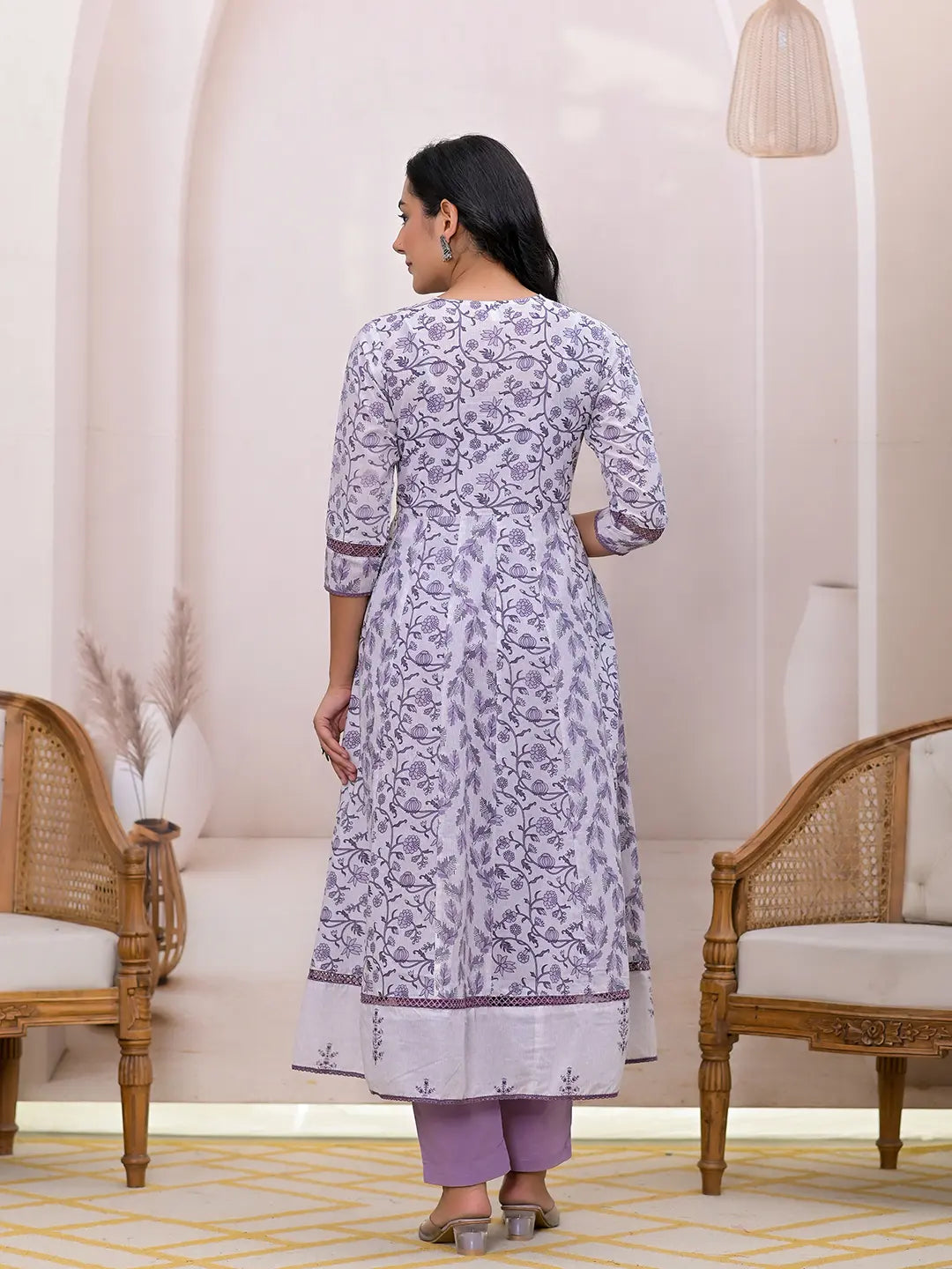 Purple And White Embroidered Cotton Anarkali Suit Set-Yufta Store-6804SKDPRS