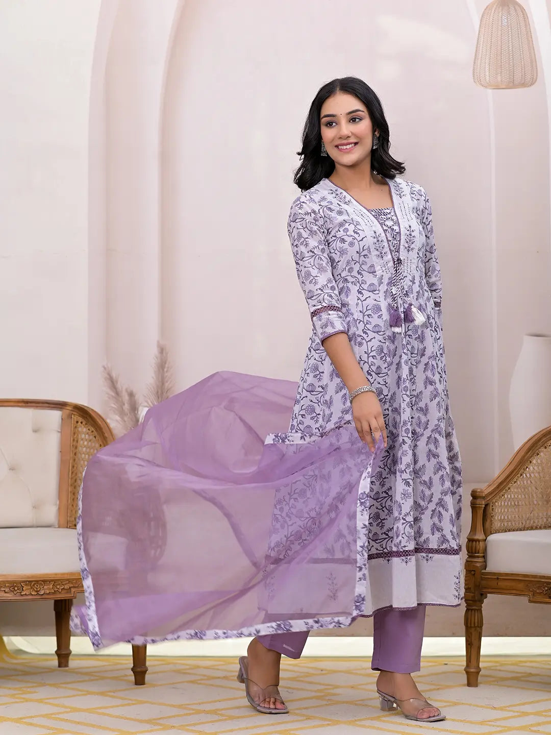 Purple And White Embroidered Cotton Anarkali Suit Set-Yufta Store-6804SKDPRS