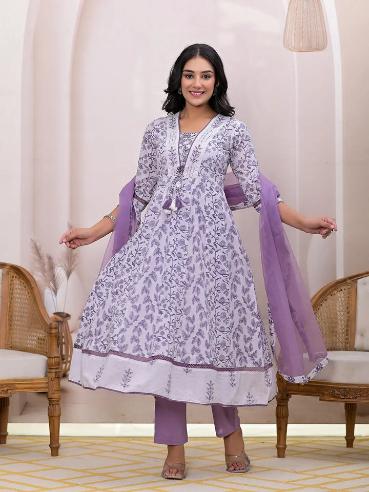 Purple And White Embroidered Cotton Anarkali Suit Set-Yufta Store-6804SKDPRS