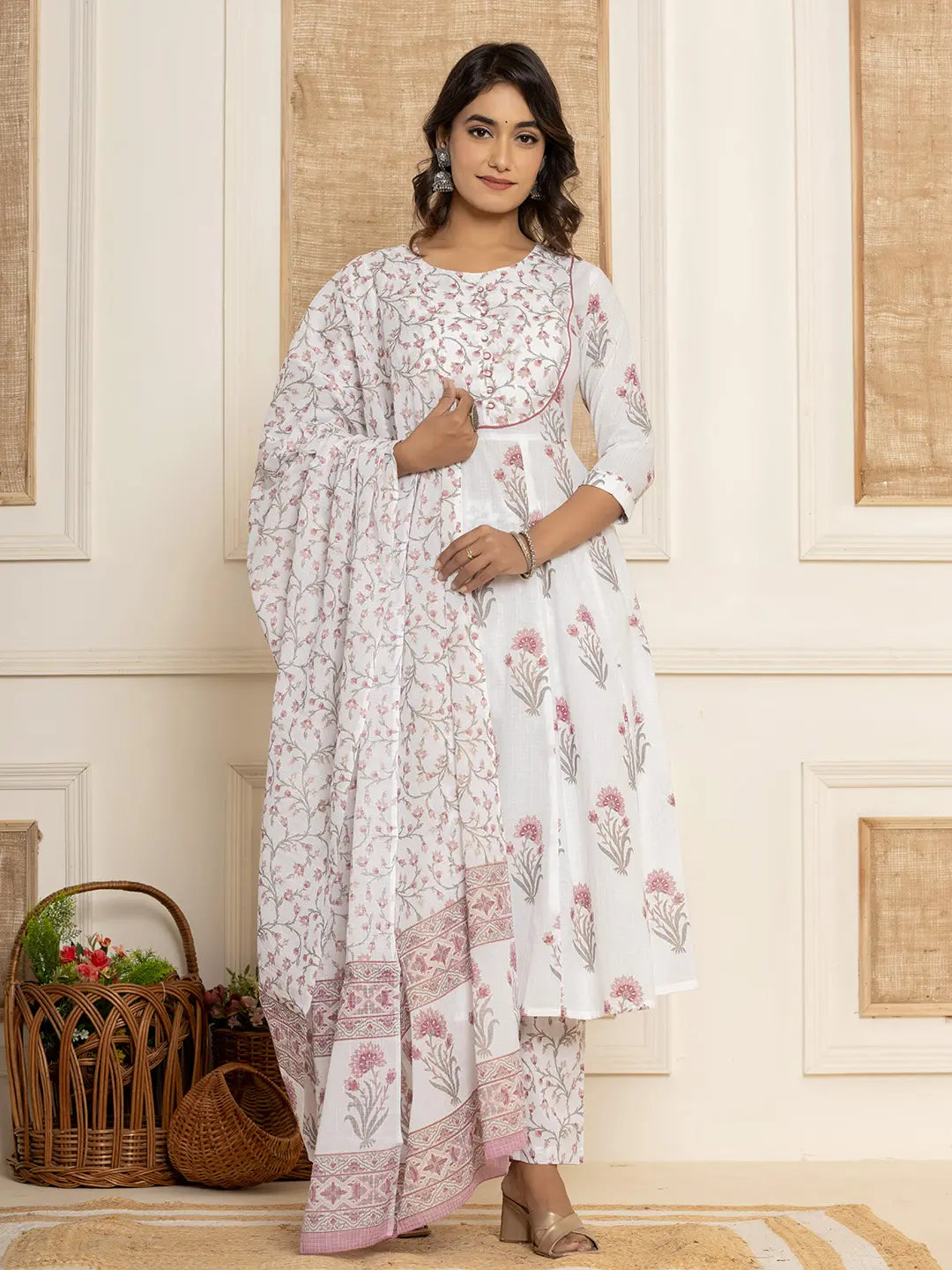 Purple And White Floral Print Piping Anarkali Style Kurta And Trousers With Dupatta Set