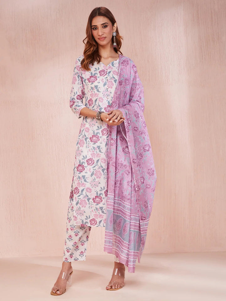 Purple And White Floral Print V-Neck Straight Kurta Trouser Set-Yufta Store-6857SKDPRS