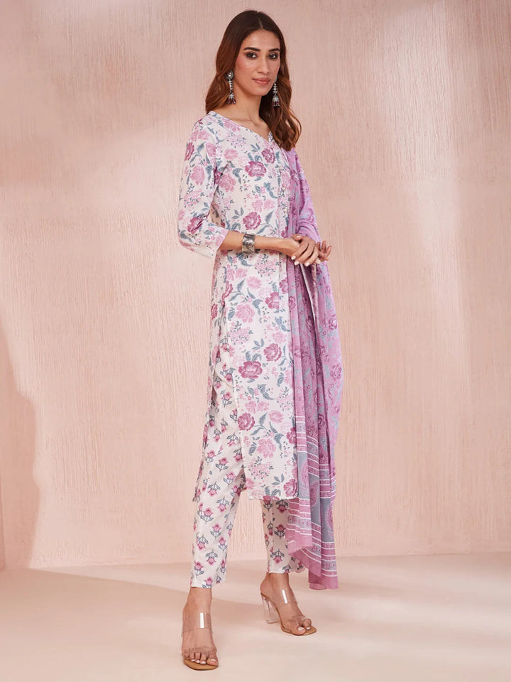 Purple And White Floral Print V-Neck Straight Kurta Trouser Set-Yufta Store-6857SKDPRS