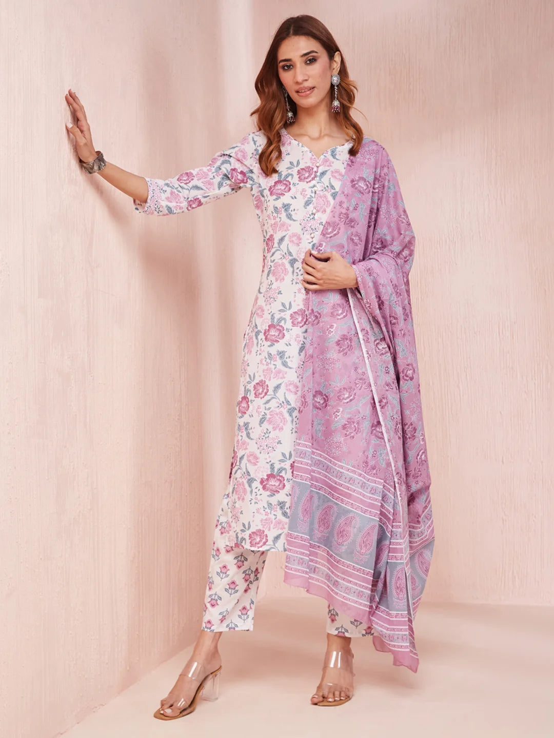 Purple And White Floral Print V-Neck Straight Kurta Trouser Set-Yufta Store-6857SKDPRS