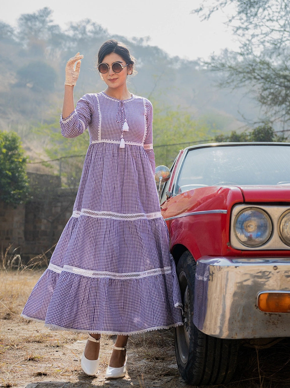 Purple Cotton Check Tiered Dress-Yufta Store-1799DRSPRS