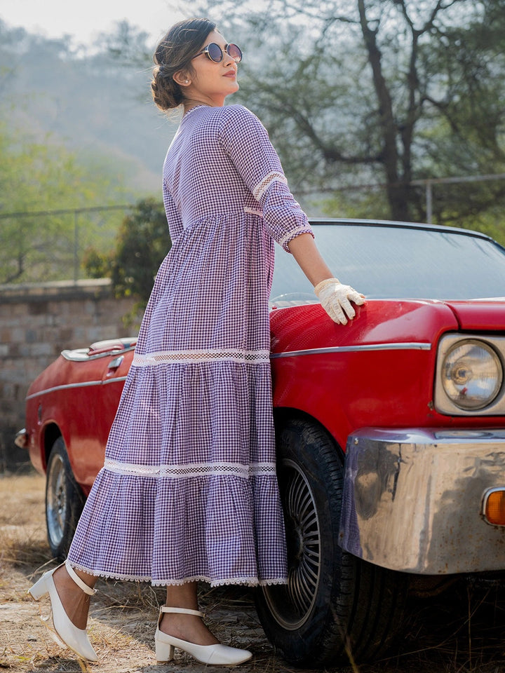 Purple Cotton Check Tiered Dress-Yufta Store-1799DRSPRS