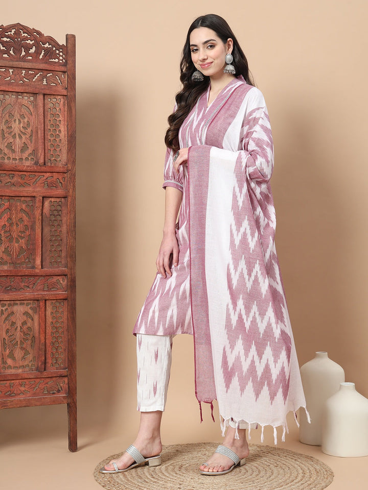 Purple Cotton Ikat Kurta Dupatta Set-Yufta Store-1890SKDPRS