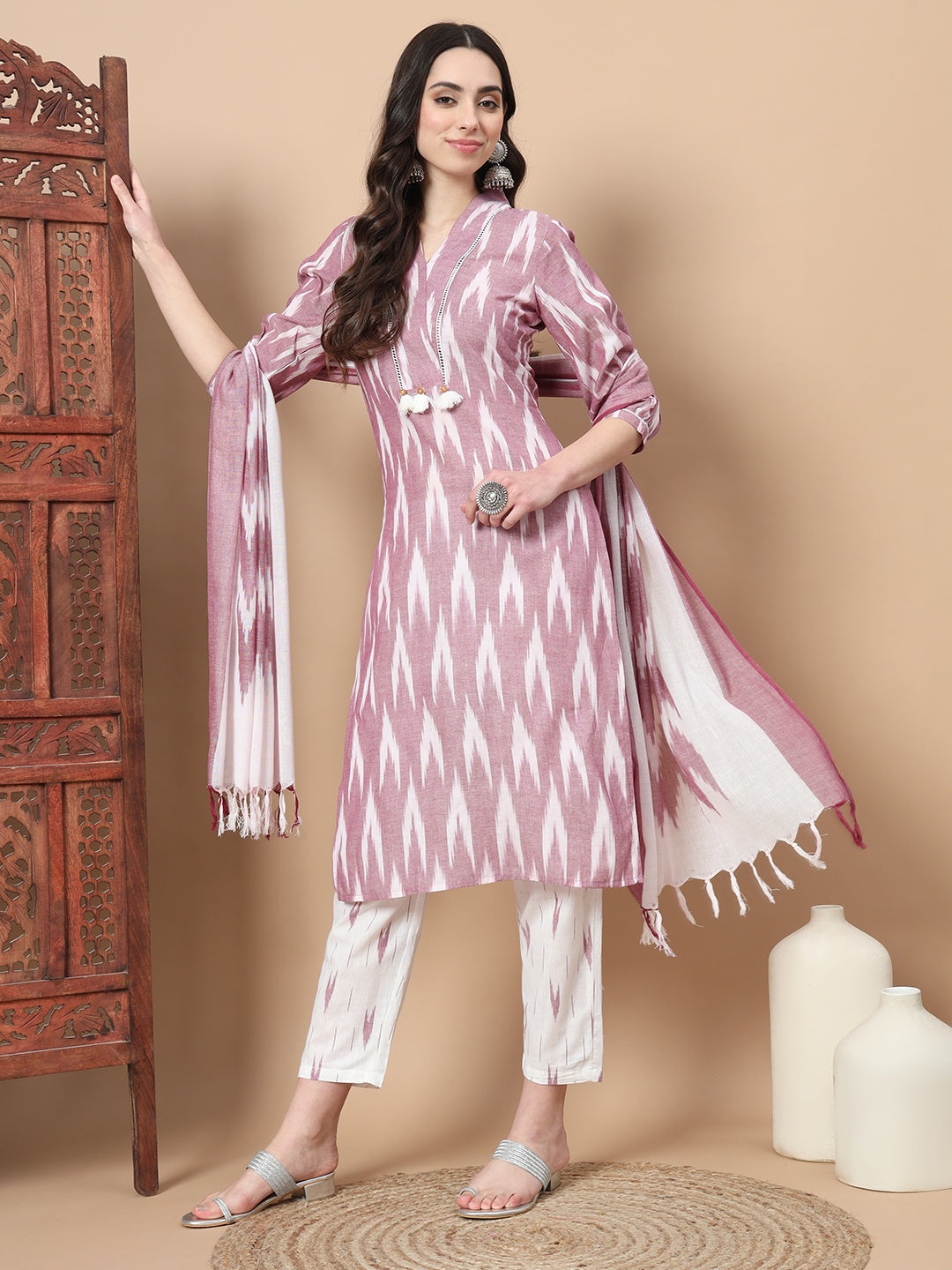 Purple Cotton Ikat Kurta Dupatta Set-Yufta Store-1890SKDPRS