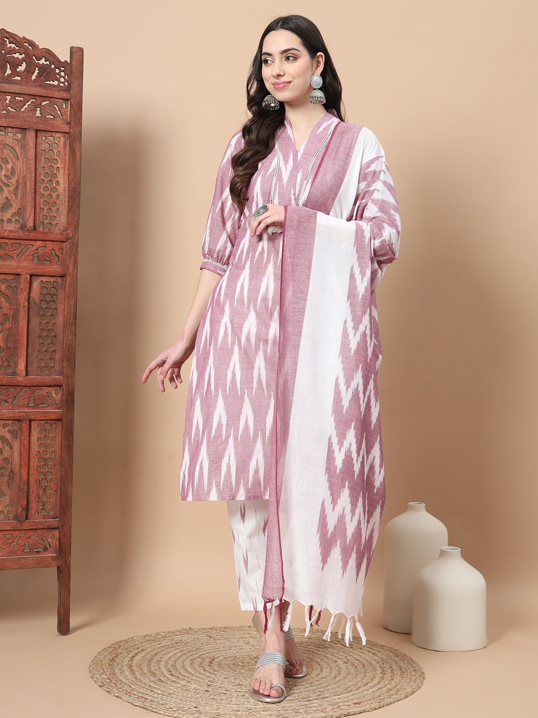 Purple Cotton Ikat Kurta Dupatta Set-Yufta Store-1890SKDPRS