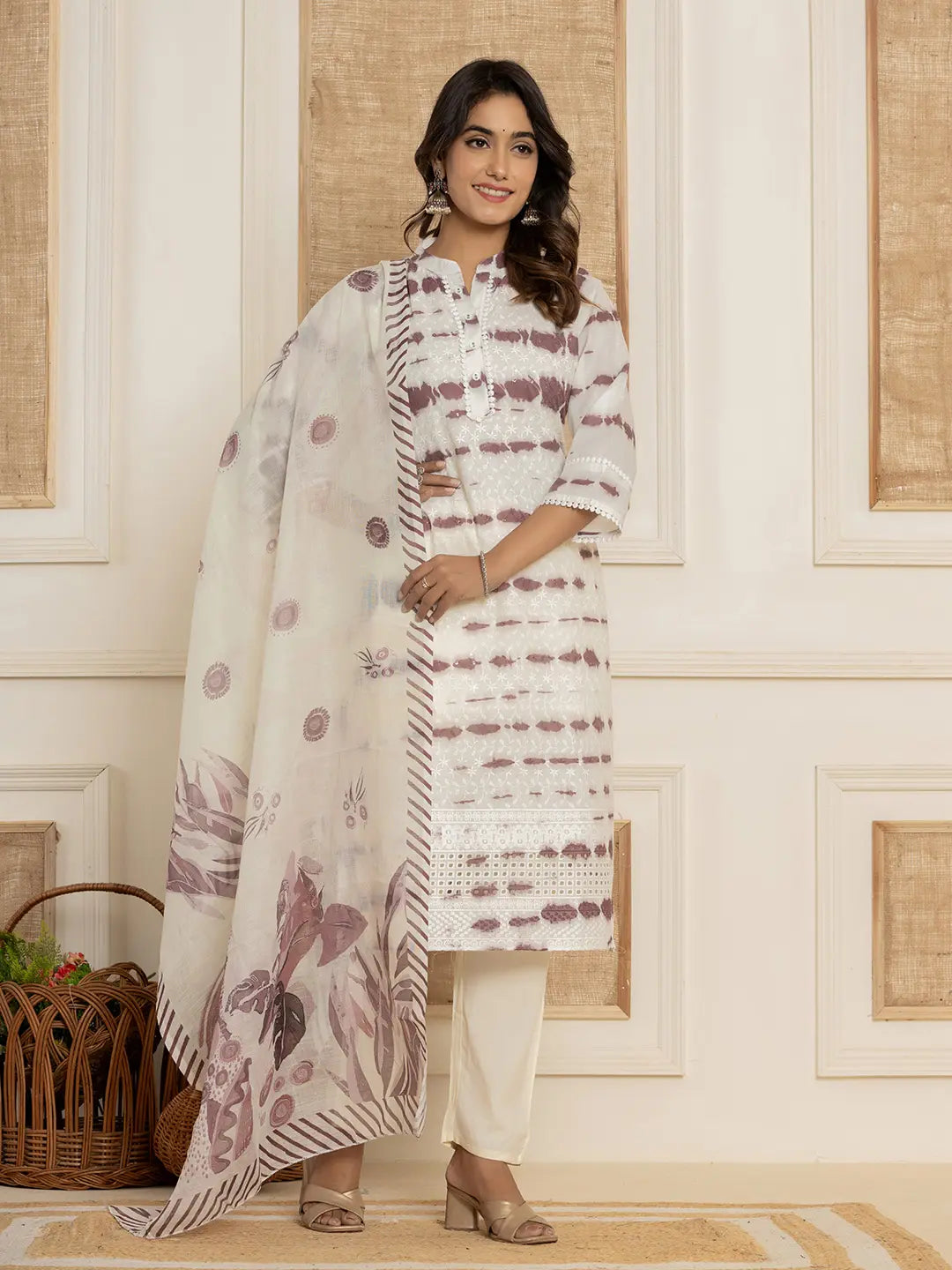 Purple Embroidery Cotton Have A Lining Kurta Trousers With Dupatta Set