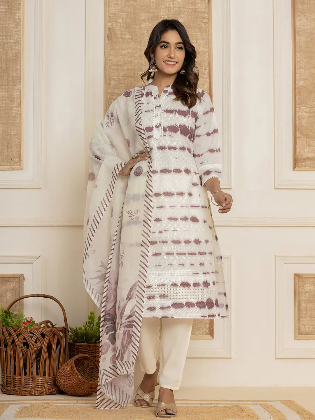 Purple Embroidery Cotton Have A Lining Kurta Trousers With Dupatta Set