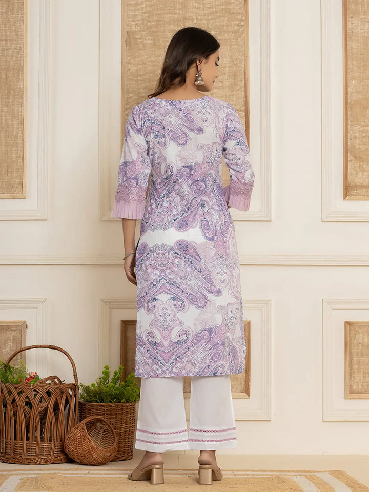 Purple Ethnic Motifs Cotton Straight Kurta And Trousers With Dupatta Set