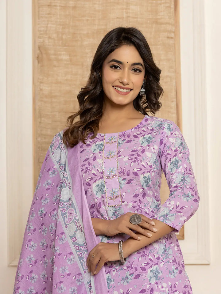 Purple Floral Print Cotton Straight Style Kurta And Trousers With Dupatta Set
