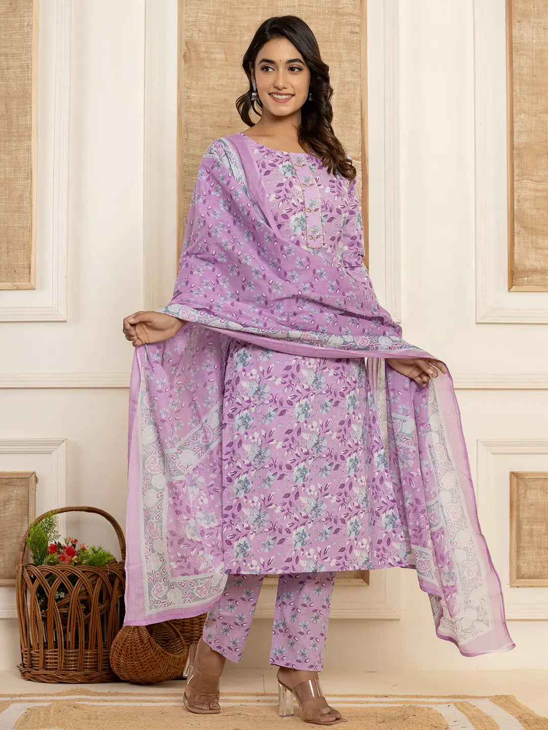 Purple Floral Print Cotton Straight Style Kurta And Trousers With Dupatta Set