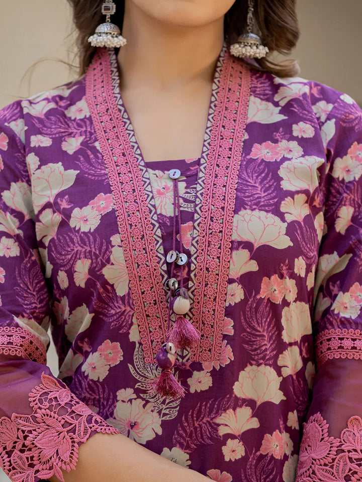 Purple Floral Print Pakistani Style Kurta Trouser And Dupatta Set With Lace Work-Yufta Store-6885SKDPRM